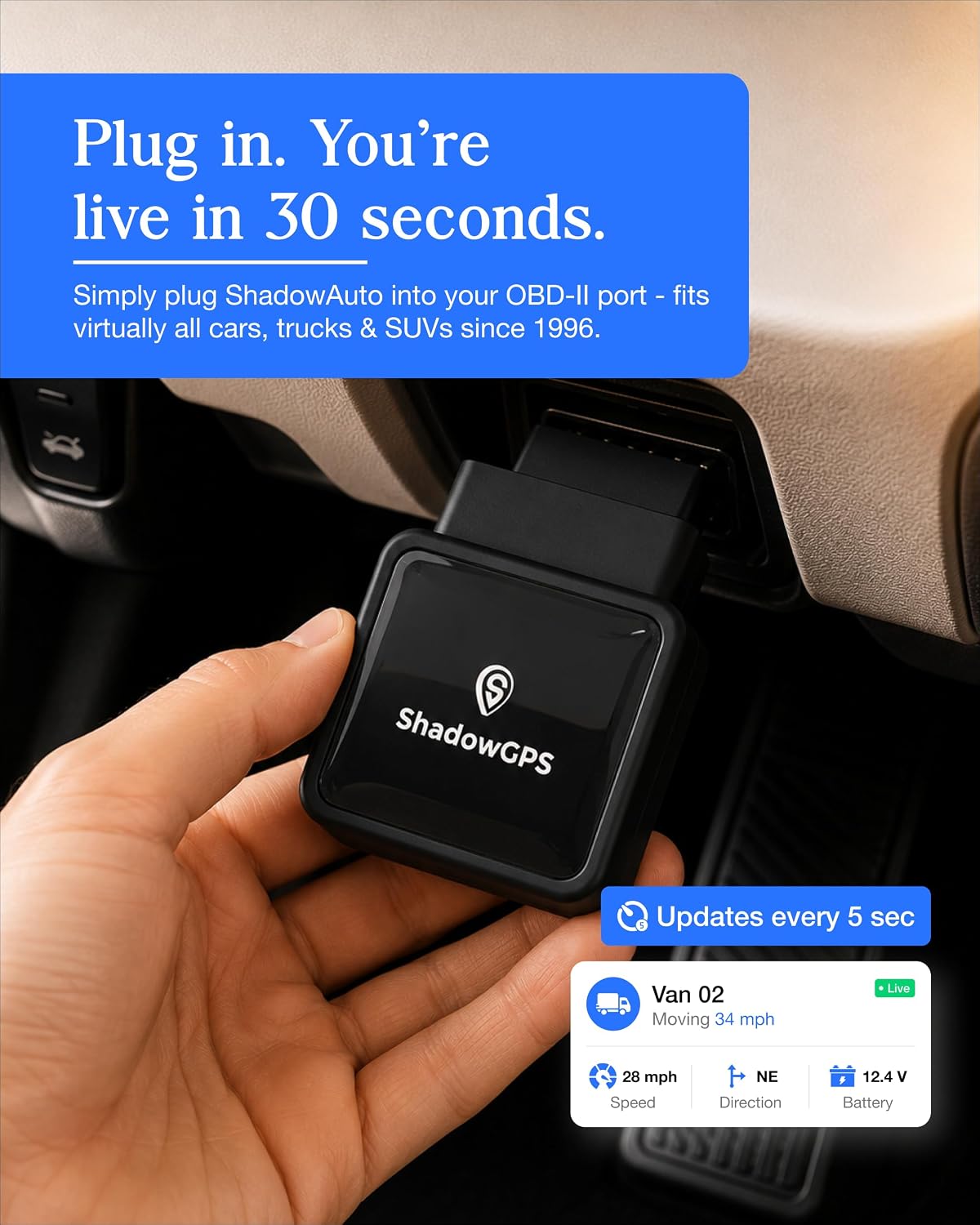 ShadowGPS app screen showing live location for ShadowAuto