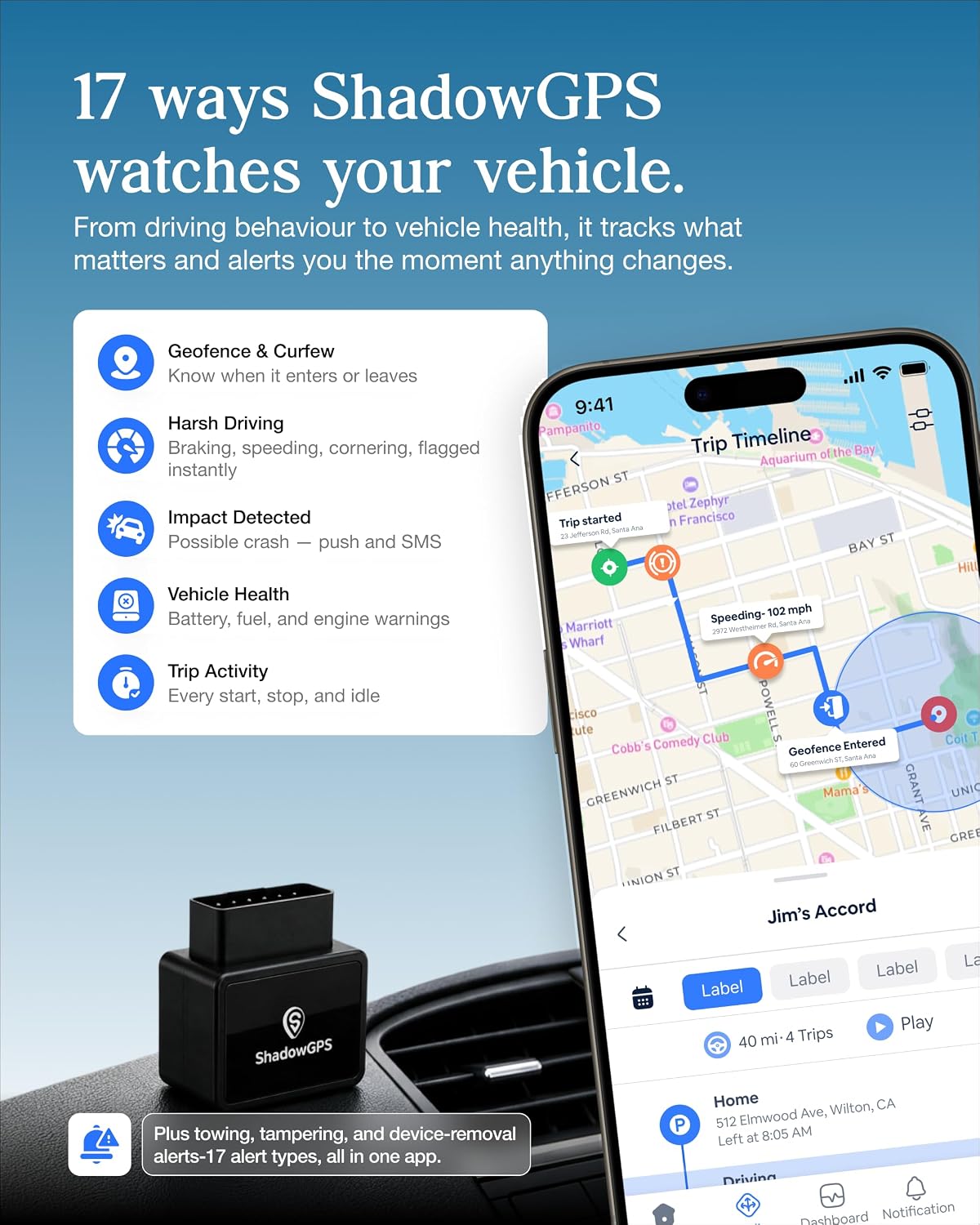 ShadowAuto GPS tracker close-up showing OBD-II connector