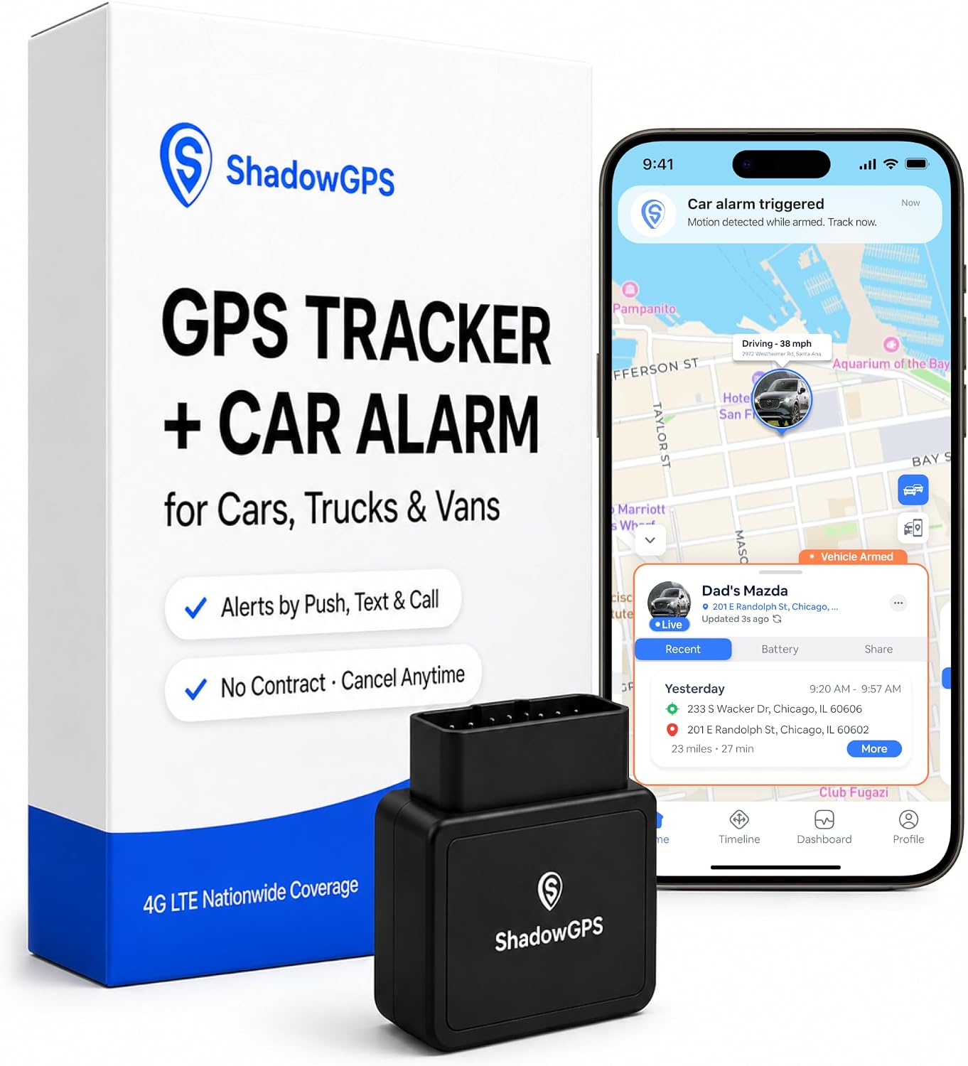 ShadowAuto OBD-II GPS tracker with trip history and geofence alerts